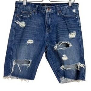 Lucky Brand Mens Distressed Denim Shorts Medium Wash Cutoff Raw Hem Size 32